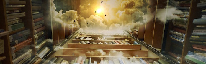 Library bookcase filled with books and overlaid with clouds
