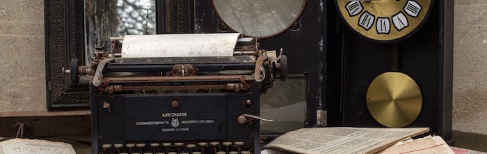 writing life, manual typewriter, clock, notebooks, still life, Pixabay