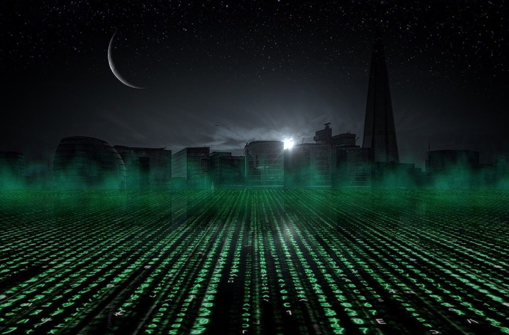 City skyline at night seen as a virtual reality simulation with computer code below