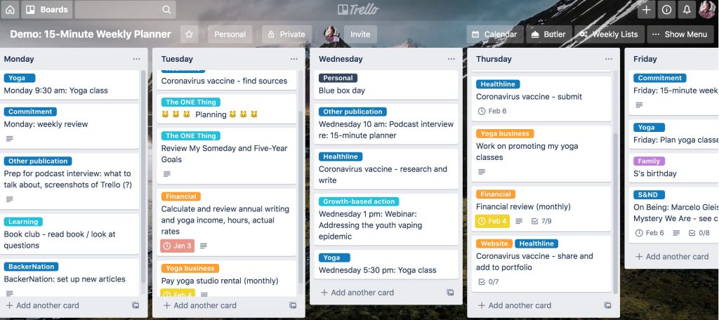 15-minute weekly planner with Trello - baseline actions